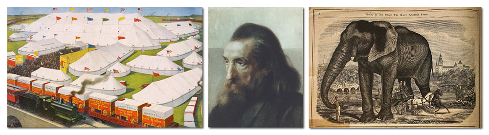 Collage of three images from the 19th century. On the left is a color illustration of a circus with train, midway, and tents. The center image is a portrait of Hachaliah Bailey. He is an older gentleman with long hair and a long beard. On the right is a broadside advertising a circus elephant attraction from a 19th century newspaper.
